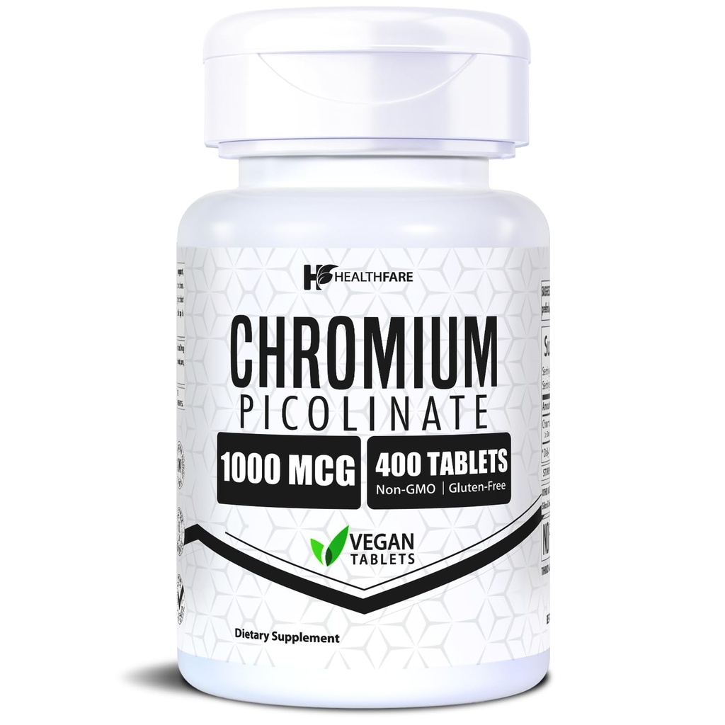 HealthFare Chrom Picolinate 1000mcg < 124; 400 Vegan Tablets < 124; High Absorption Mineral Supplement < 124; Supports Healthy Sugar Metabolity & Nutricent Absorption < 124; Non-GMO, Gluten- Free < 124; Made in USA