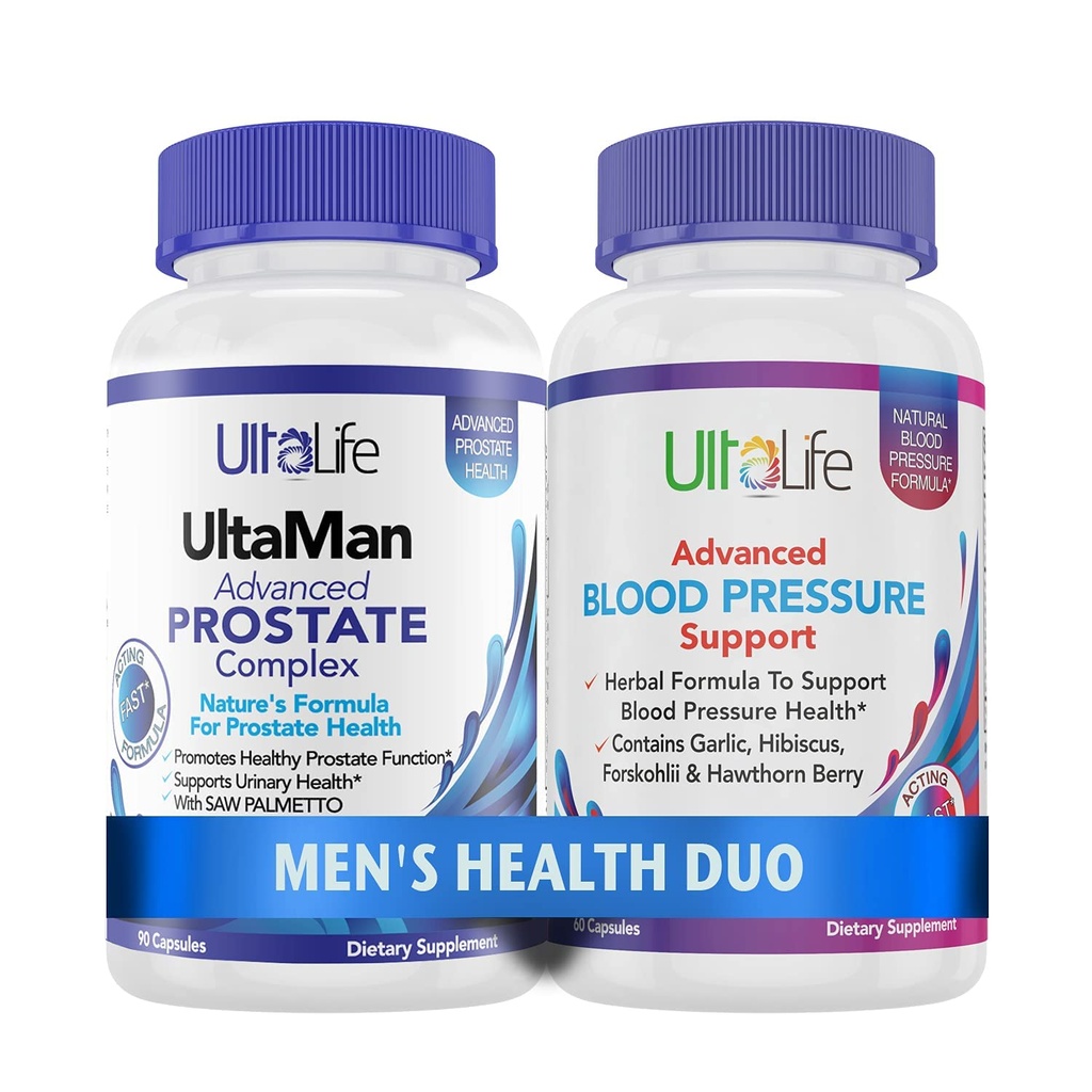 ULTALIFT męskie zdrowie Duo - 2 butelki - jeden zespół wsparcia prostaty z Saw Palmetto & Beta Sitosterol i jeden suplement wysokiego ciśnienia krwi z czosnku i Hawthorn Berry Fast- działających kapsułki dla mężczyzn