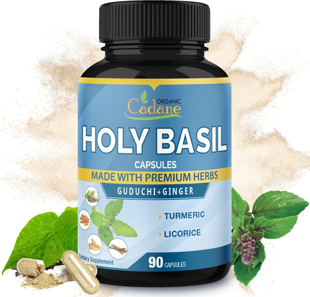 Organic Cadane Holy Basil Suplementy Kapsułki, 5in1 z Guduchi, Ginger, kurkumina kurkumina, Licorice - Wsparcie immunologiczne - 90 Kapsułki na 3 miesiące