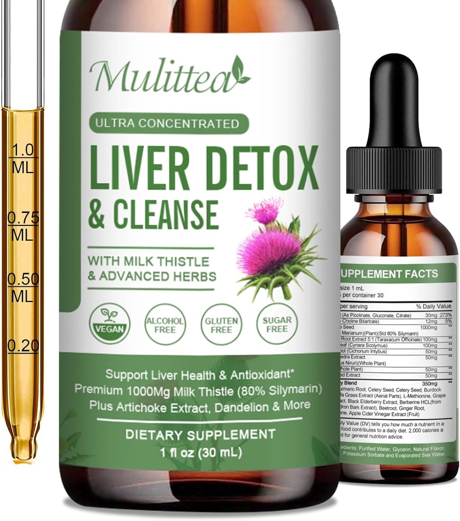Zdrowie wątroby Krople płynne -Wsparcie czyszczenia wątroby Detox & Naprawa z mleka karczocha Thistle Silymarin Extract, Dandelion, Turmeric, Berberine do Renew w / 21 Potent Herb- Nutricent-