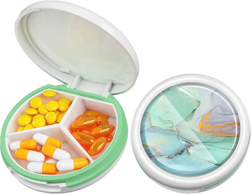 Serfeymi Small Pill Box - 3 Komory Przenośne Pill Box do torebki, Compact Mini Travel Pill Case - Nadaje się do medycyny, Witamina, Olej rybny, Suplementy - Biały (Marmur)