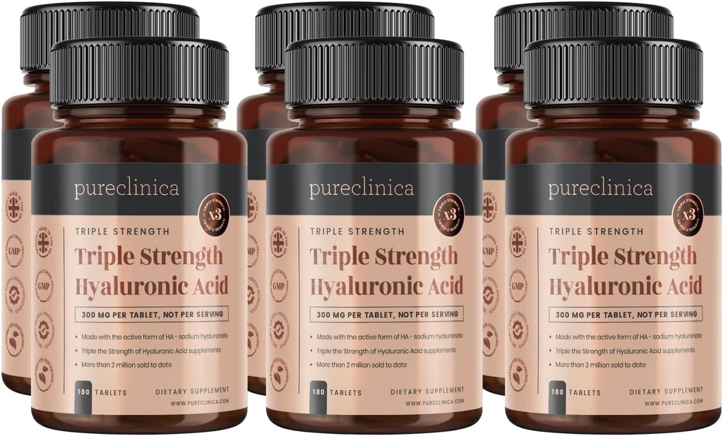 pureclinica kwas hialuronowy 300mg x 1080 tabletki (6 butelek 180 tabletek - 3 lata dostaw). Potrójny kwas hialuronowy. 300% silniejsza niż jakakolwiek inna tabletka HLA