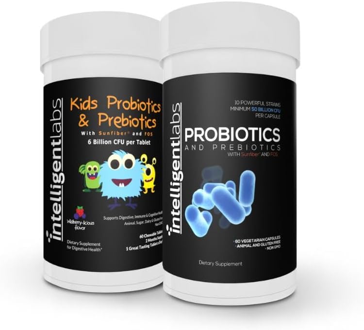 Intelligent Labs 2-in-1 Bundle of Kids Probiotics (6 Billion CFU z błonnikiem słonecznym i FOS) + Adult Probiotics (50 Billion CFU, 10 Strains), Brak chłodzenia Potrzebny, 2 miesiące dostaw na butelkę