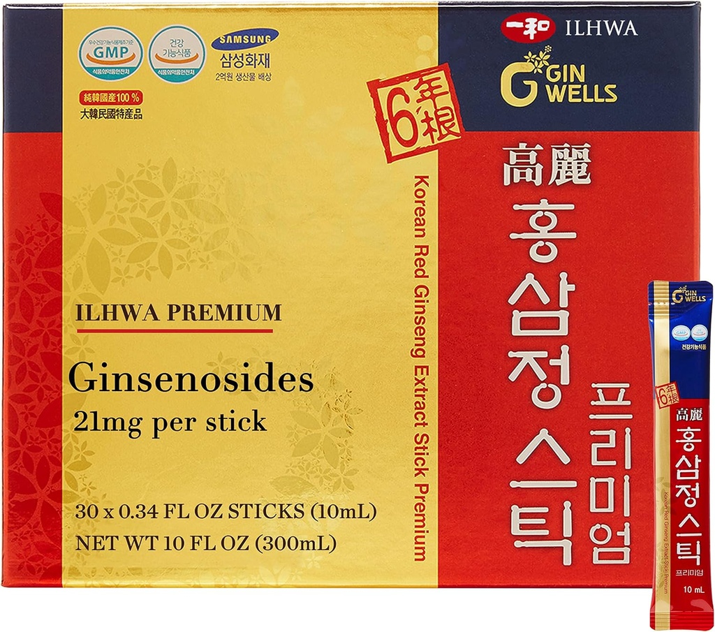 ILHWA Premium Korean Red Ginseng Extract Sticks (0.34fl oz X 30 Sticks) - dla odporności. Ginsenozyd 21 mg na jedną porcję