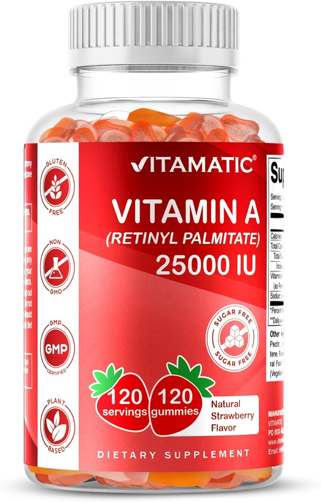Witamina A 25000 IU bez cukrów witaminowych Gummie (palmitynian retinylu) - naturalny aromat truskawkowy - 120 Pektyn Gummie na bazie pektyny (3 butelki)