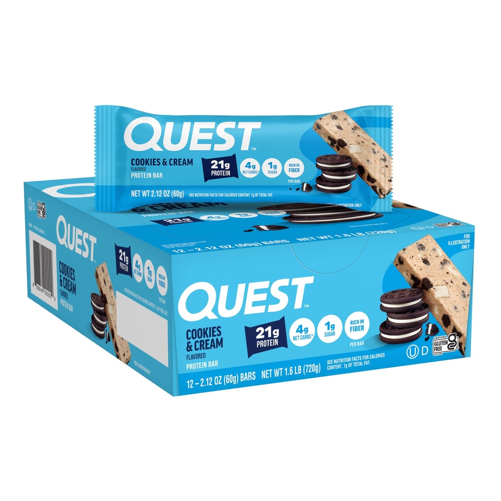 Quest Nutrition Cookies & Cream Protein Bars, 21g Protein, 1 g Sugar, 4g Net Carb, Gluten Free, Keto Friendly, 12 Count