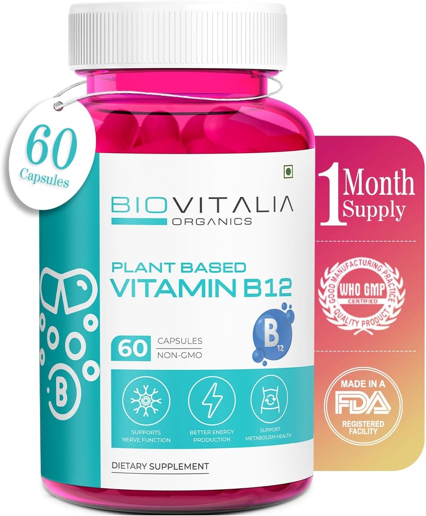 BiOVWŁOWA Witamina B12 Kapsułki Metylowy suplement kobalaminowy 1000mg Kapsułki oparte na plantacji - Pomocniczy Nerve Function & Metabolizm Wzbogacony ziarnem pszennym Spirulina buraka - 60 Vegan Caps