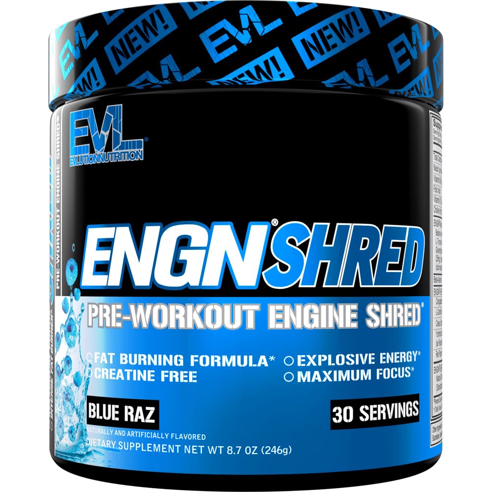 EVL Ultimate Pre Workout Powder - Termogeniczne tłuszcz Burn Support Pretensive Drink for Stasting Energy Focus and Stamina - ENGN Shred Intense Creatine Free Pretensive Drink Mix - Blue Raz