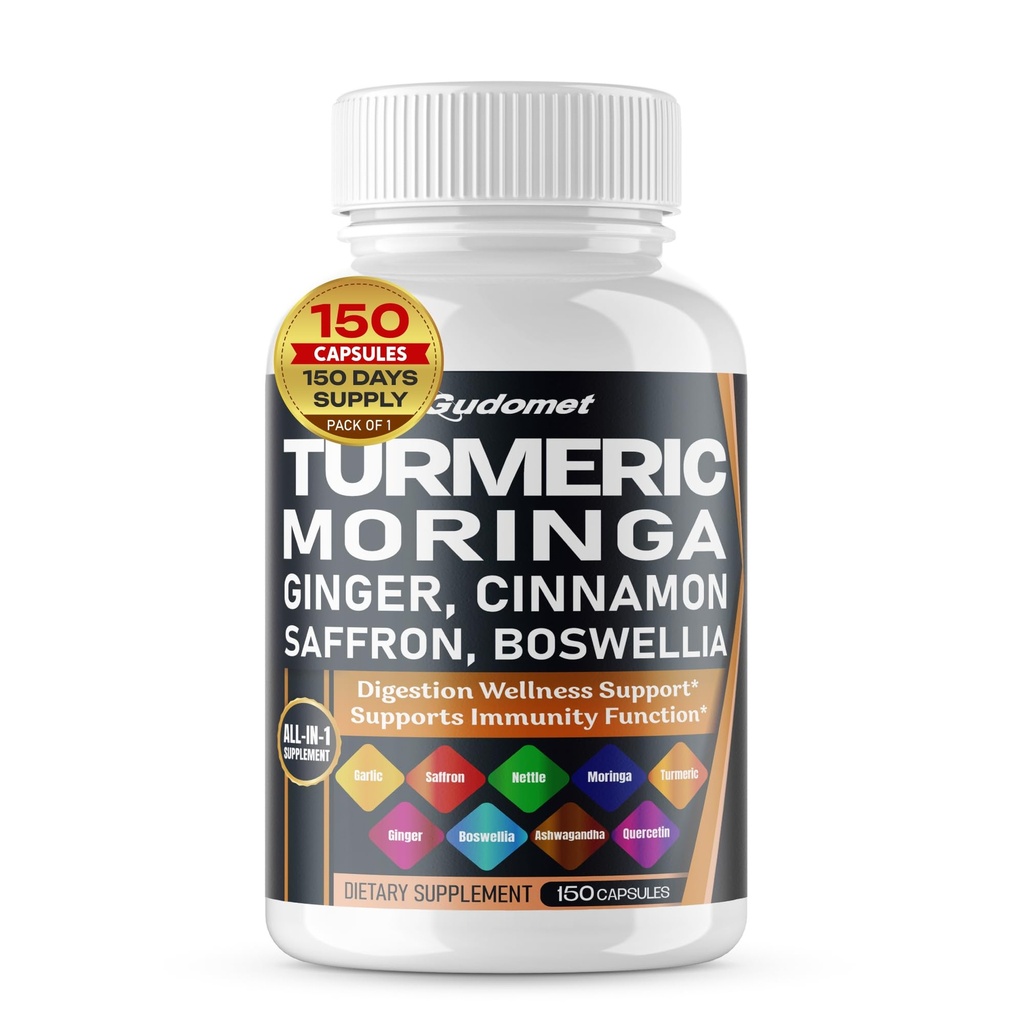 Turmeric Moringa Ginger Boswelia Quercetin Cynamon Saffron Tart Cherry Bez sadu Czosnek Nettle -150 Capsules - Made in USA