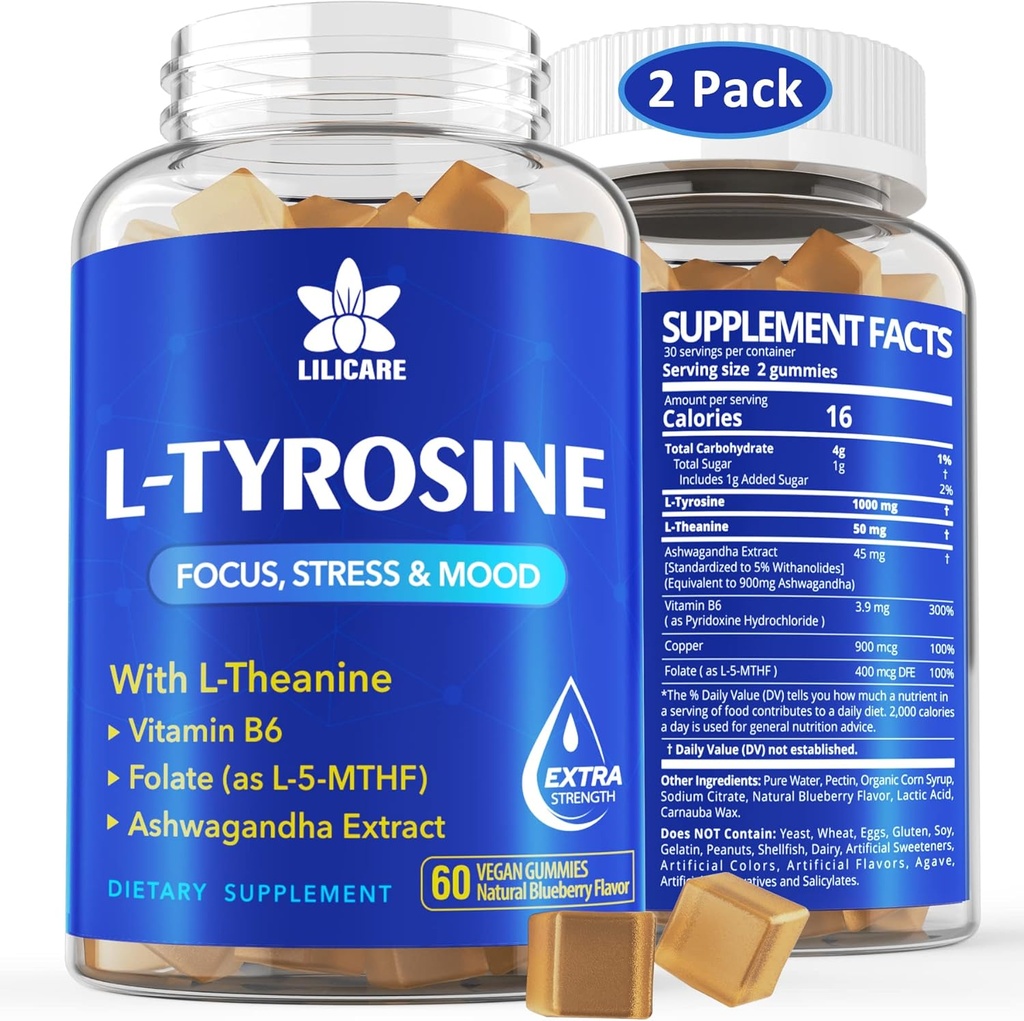 L Tyrosine Gummies 1100mg Mood Support Blend, z Ashwagandha, L- Theanine, witamina B Complex B6, folian (Witamina B9), Focus & Memory, Cognition & Function, Energy Boost, Wsparcie stresowe, 2Pc / 120ct