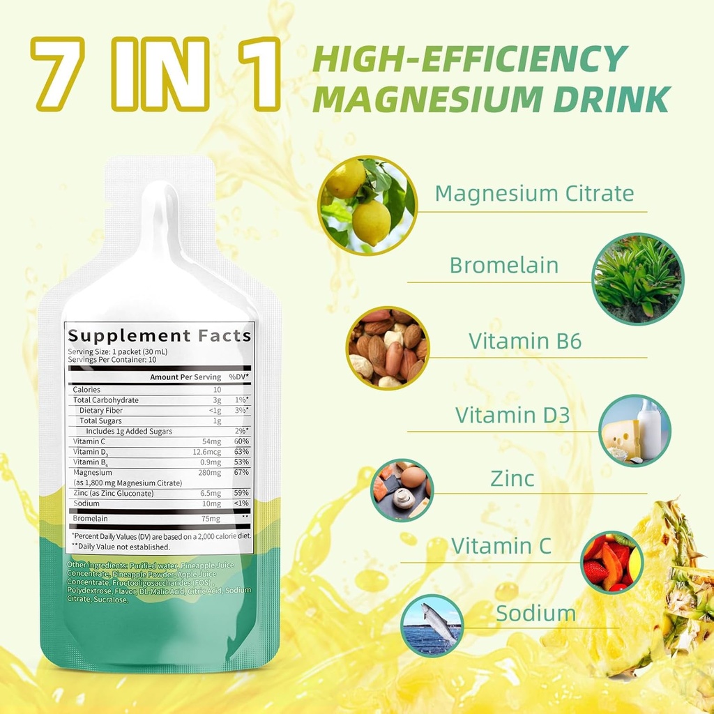 Magnezu Citrate Liquid Supplement (10 Fl Oz), Magnezu Complex Drink / roztwór doustny z VitaminB, Cynk, Sodu i Bromelain do snu, Mięśnie, Serce, Gut Support (Ananas)