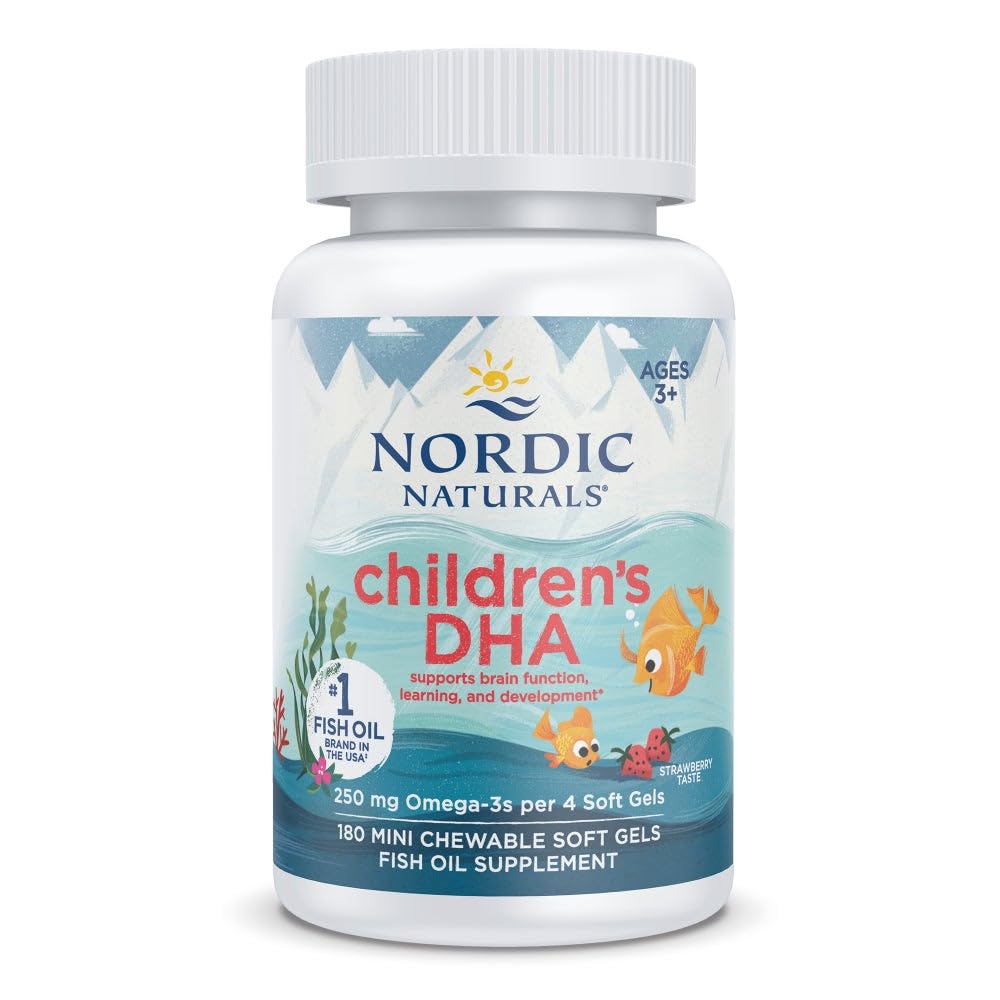 Nordic Naturals Children 's DHA, Truskawka - 180 Mini żele do żucia dla dzieci - 250 mg Omega-3 z EPA & DHA - Rozwój mózgu i funkcje - Non-GMO - 45 Służenie