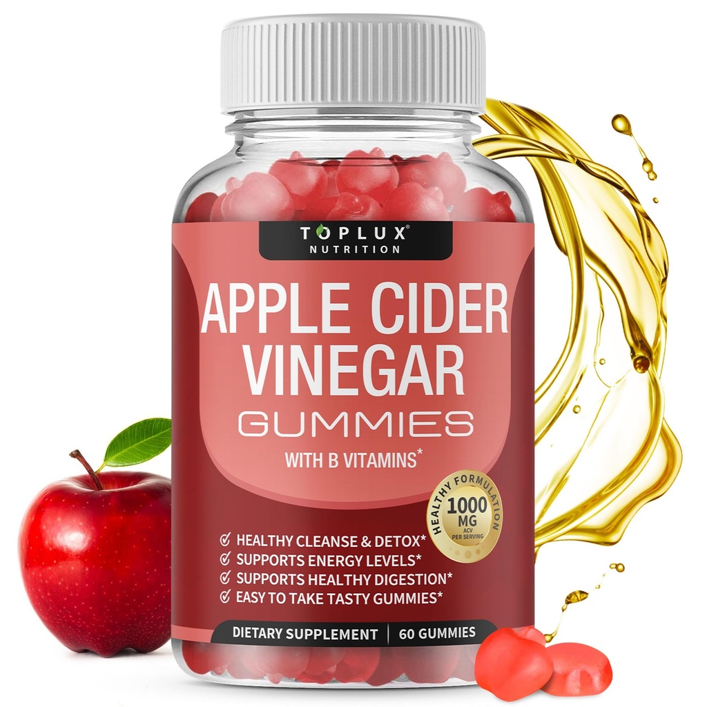 Toplux Jabłko Cydr Gummies - 1000mg ACV z B12, Buraka korzeniowego, Granat dla układu immunologicznego, Detox & Cleanse, Gummy Alternatywa dla Jabłka Cydr Kapsułki, dla mężczyzn Kobiety, 60 Gummies
