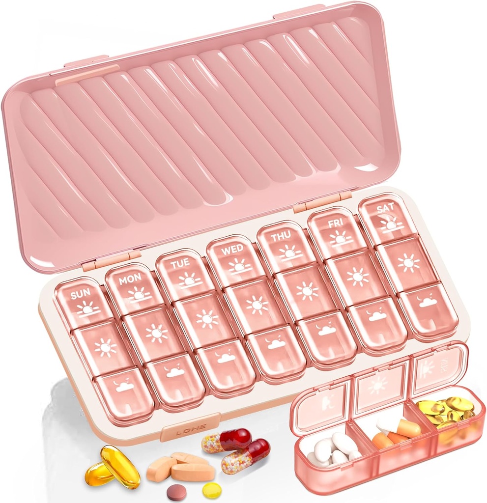 Pill Organizator 3 razy dziennie, 7 dzień Pill Box - GloDeals Cotygodniowy Pill Organizator, Przenośny zdejmowalny Codzienna kontener na lek Dispenser Case do suplementu witaminy oleju rybnego, różowy