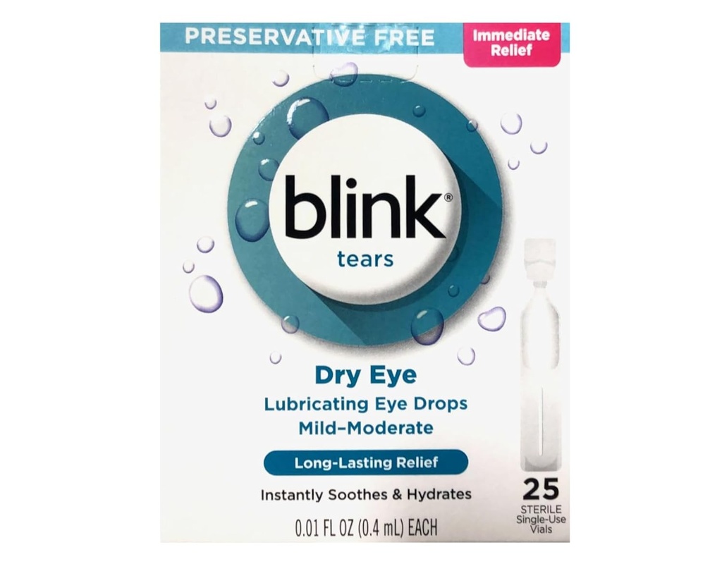 BLINK Tears Eye Drops for Dry Eyes, Conservative Free Lubricating Eye Drops, Sterylne jednorazowe fiolki, Delikatna pielęgnacja oczu dla łagodnego do umiarkowania suchego oka Relief, 25 Count, 0,01 fl oz Vials