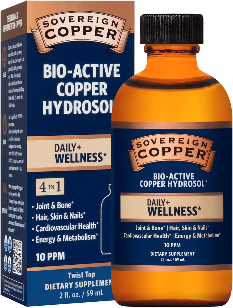 Suvereign Copper Professional 4- in-1 Wellness Support, Joint & Bone, Hair, Skin & Nails, Cardival Health & Energy, Bio- Active Copper Hydrosol, 30 ppm, Liquid Twist Top, 2 Fl Oz (59 ml)