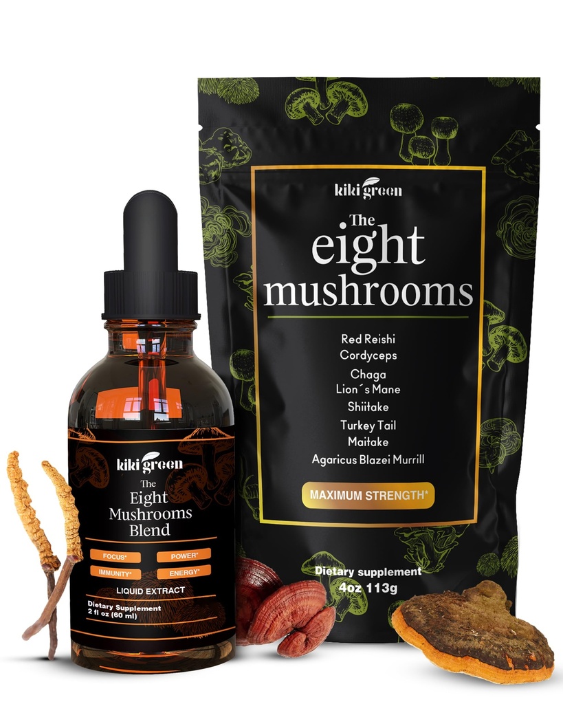 KIKI Zielony 8 Grzyby proszek i płynny ekstrakt Bundle - Mushroom Supplement Complex for Focus & Energy - Lion 's Mane, Chaga, Cordyceps, Turcja Tail, Reishi, Shiitake, Maitake - 4 oz, 2 fl oz
