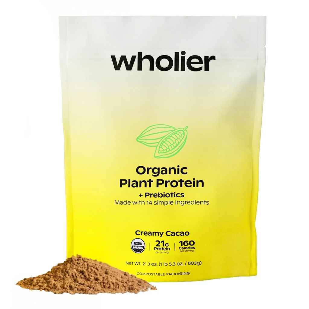 Wholier Organic Plant Protein + Prebiotyki. Czysty białko wegańskie. 21g białka. 14 prawdziwych składników roślinnych. Fiber prebiotyczny. Żadnych naturalnych smaków, gum czy Fillerów. Creamy Cacao (1 lb. 4 oz.)