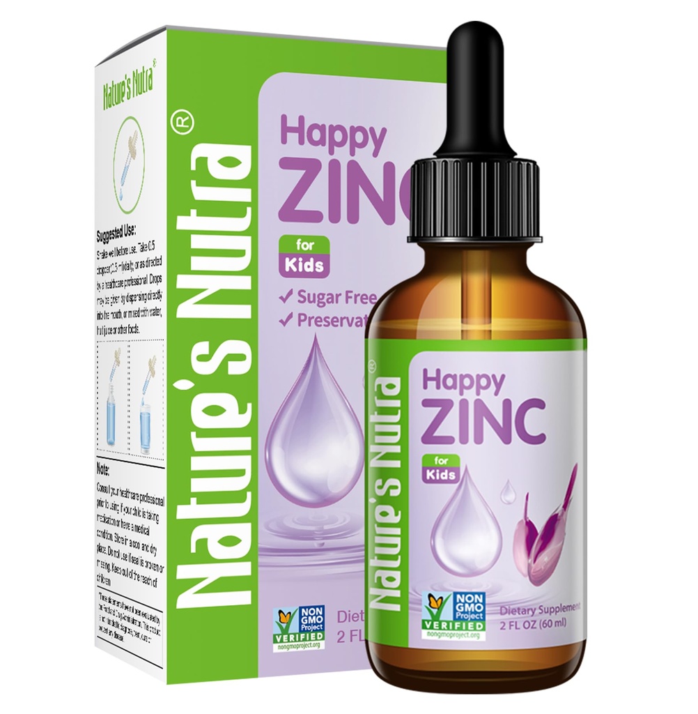 Natural 's Nutra Happy Cynk, Premium Liquid Cynk dla niemowląt, niemowląt, dzieci i dzieci, TRAACS Chelate Cynk, Wysoka biodostępność, Non-GMO, Kosher, 2 Fl. Oz (60ml)