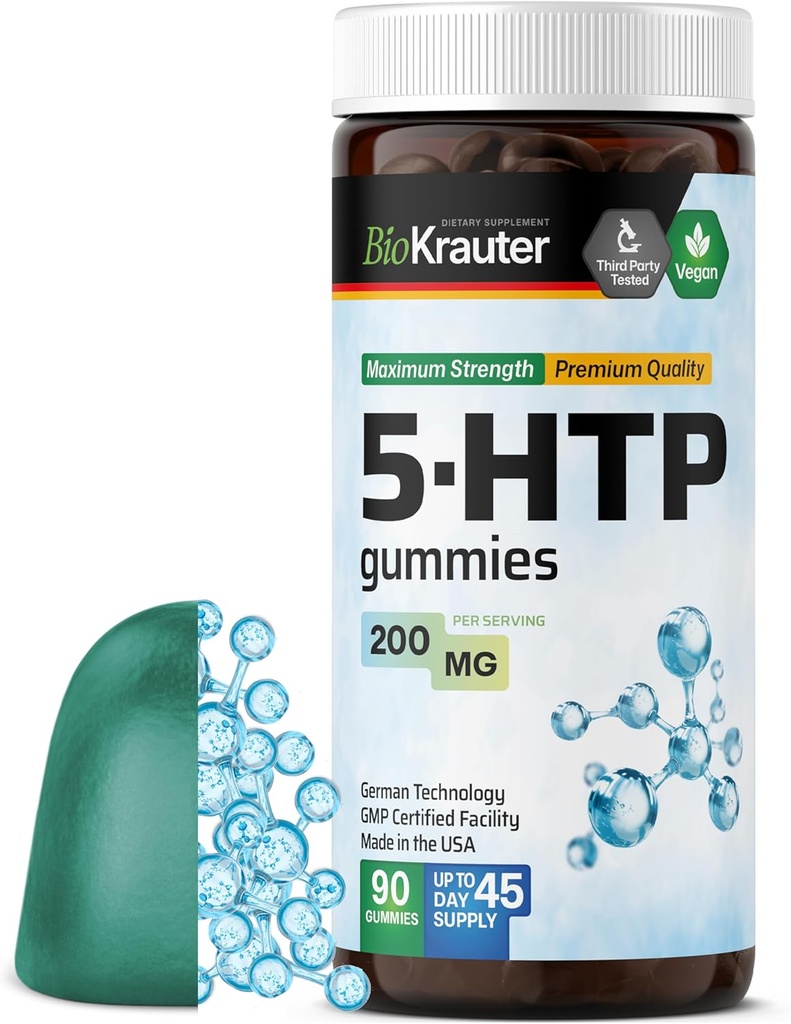BIO KRAUTER 5 HTP Suplement Gummies - 200 mg Siła - 90 Vegan Chews - Relaxation Support 5HTP Plus L Triptofan Suplement - Wzór Pectin