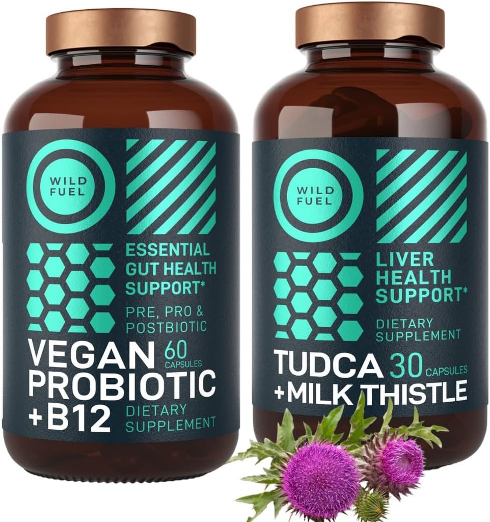 WILD FUEL TUDCA z dodatkiem oczodołu mlecznego i Wegan Probiotyk Plus B12 Ogólna oczyszczalnia wątroby i Gut Health Bundle