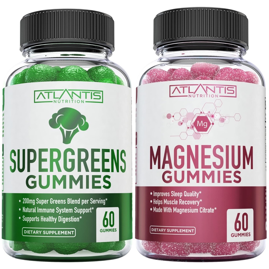 Supergreen & Magnezu Gummies - Magnezu pomaga mięśnie Recover, Pyszne Supergreens ze szpinach, Brokuły, Buraki, Zielona herbata, & Acai dla wsparcia odporności - 60 Gummies