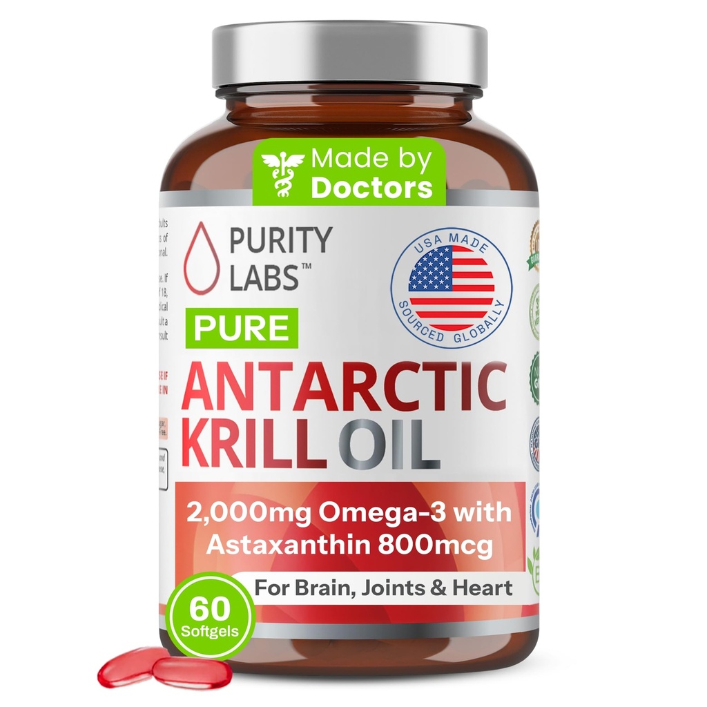 Czystość Labs Antarktyka oleju kryla 2000mg Omega-3 z Astaksantyny 800mcg Suplementy do Wspomagania Pamięć- bogaty w Omega 3, Kwasy tłuszczowe, DHA, EPA i fosfolipidy - 60 Softgels