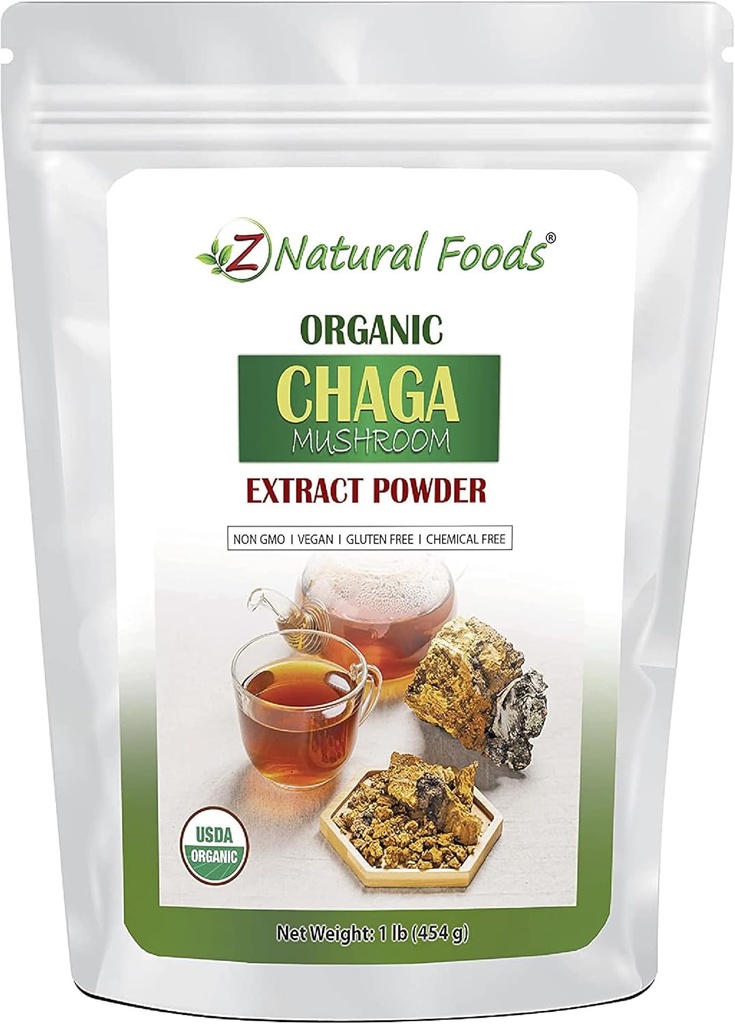 Z Natural Foods Organic Chaga Mushroom Extract Proszek, koncentrat Premium Mushroom Extract dla wsparcia immunologicznego zdrowia, Energize Twój poranek dodając go do kawy i herbaty, 1 lb