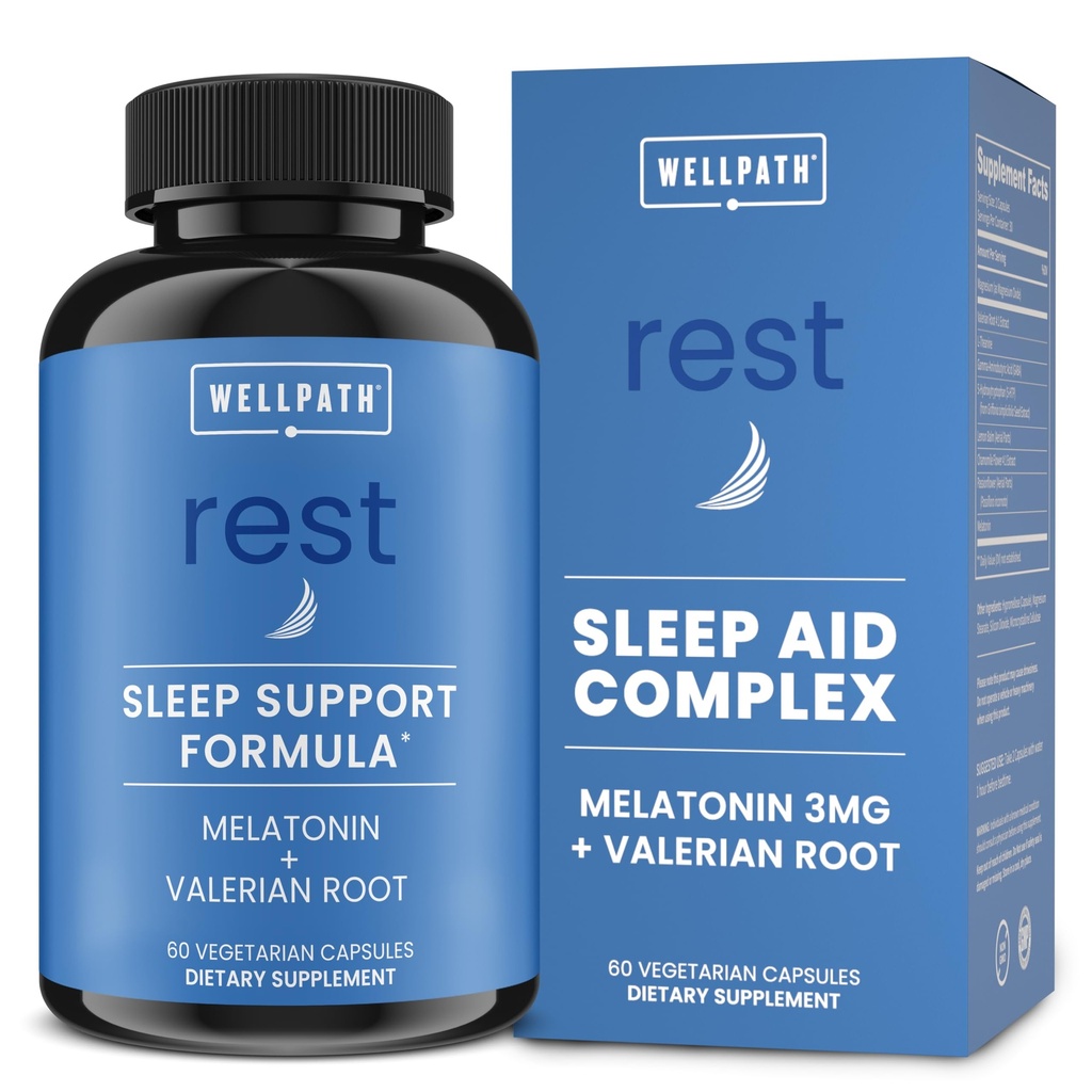 WellPath Rest Valerian Root Sleep Aid dla dorosłych z Melatonin & L- Theanine 124; Natural & Herbal Sleeping Pills z dodatkową siłą 124; 5- HTP, Lemon Balm, Rumianek, 60 Ct