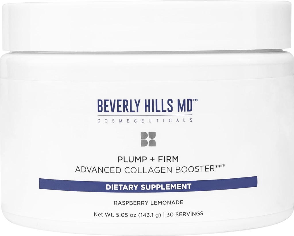 Beverly Hills MD Plump + Firm Advanced Colagen Booster for Aging Skin- odżywczy proszek do picia Formuła dla Plumper, Firmer, Skóra w / Kolagen Peptydy, Polifenole, Ceramidy (Lemoniada malinowa)