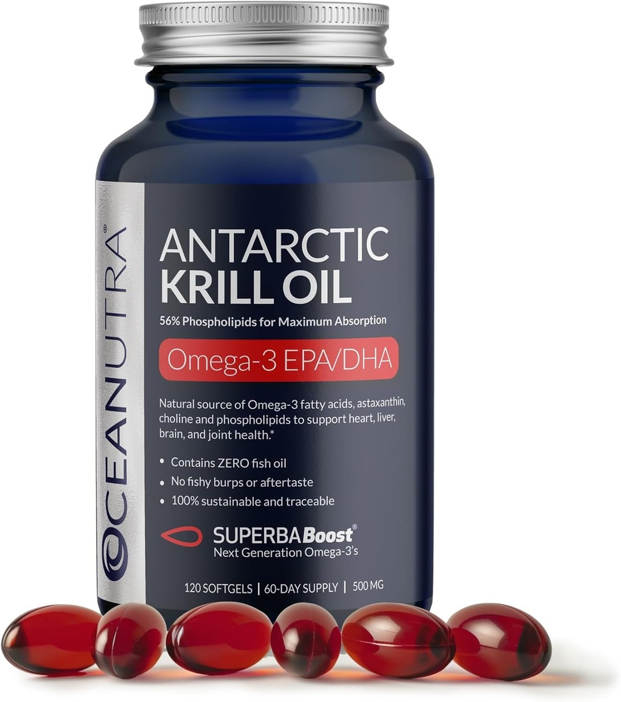 Wild Caught Antarktycznego oleju kryla 500mg Softgels, SuperbaBoost Omega 3 Suplement, EPA & DHA, Astaksantyna, Cholina, 56% fosfolipidów, Zrównoważony, No Fish Oil, Vanilla Flavor (60-Day Supply)