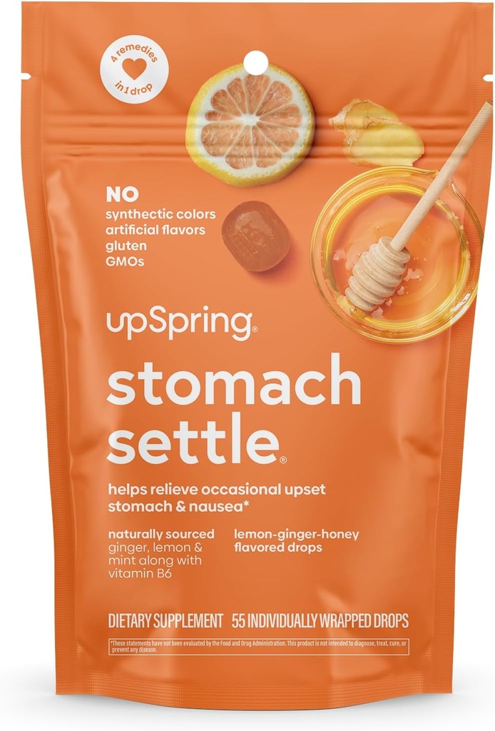 UpSpring krople żołądkowe do sporadycznych nudności ulgi i porannej choroby z Ginger, Lemon, Spearmint i B6. Indywidualnie zapakowane krople, 55 Ct (Opakowania maja Vary)
