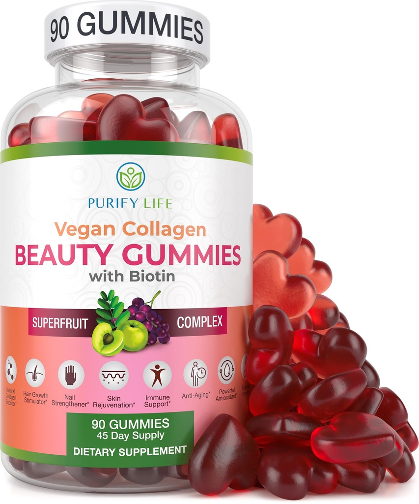 Purify Life Wegan Kolagen Gummies z Biotin Vitamin do skóry włosów i paznokci zdrowia, (90 Chews) Collagen Support Supertruit Complex z Resveratrol, Witamina A, E, C - Zastąp kapsułki, Pigułki