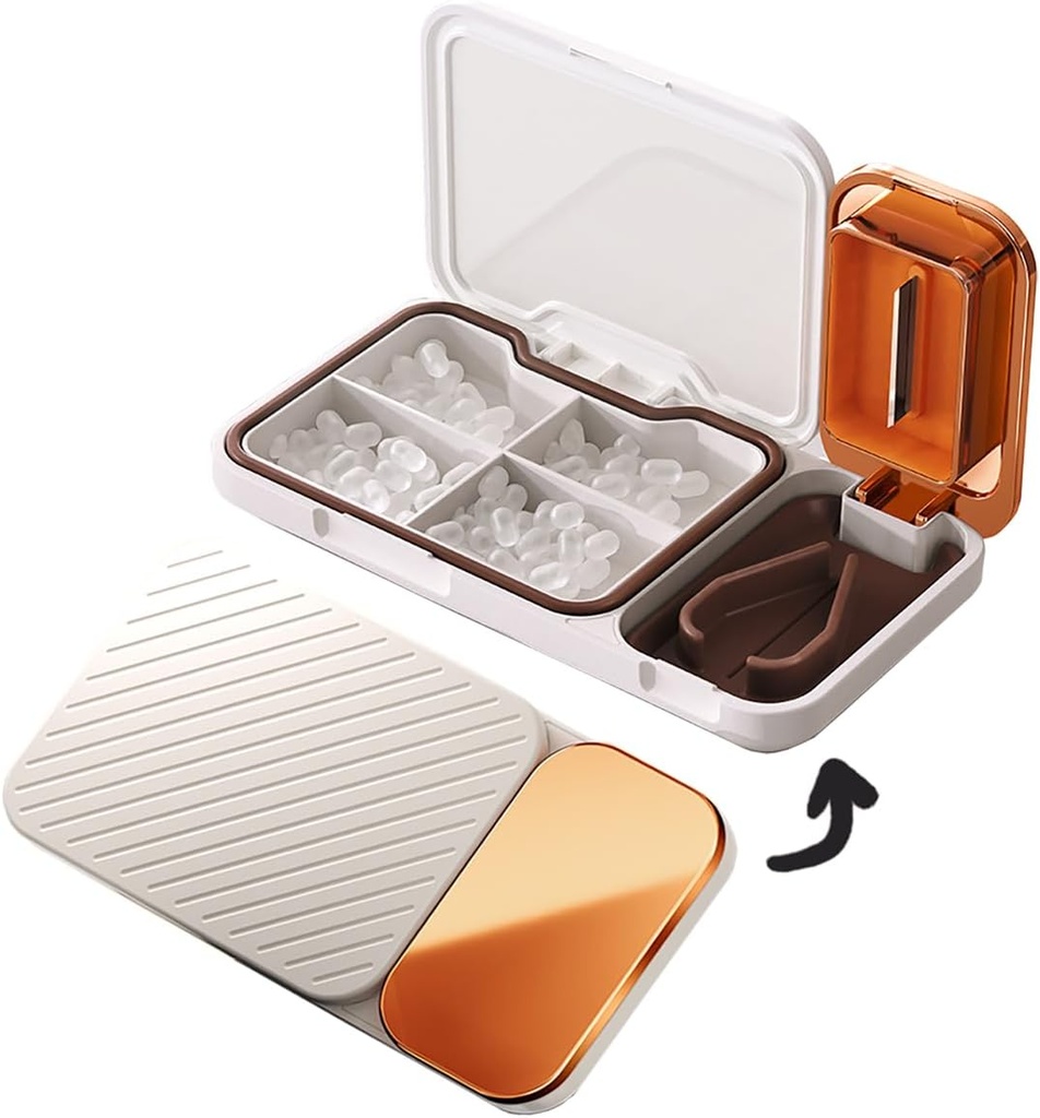 MURRI & MURRDI Pill Organizator z Pill Splitter Cutter, 4 Komory Małe przenośne opakowania lekarskie do kieszeni torebki, uchwyt na witaminy, biały