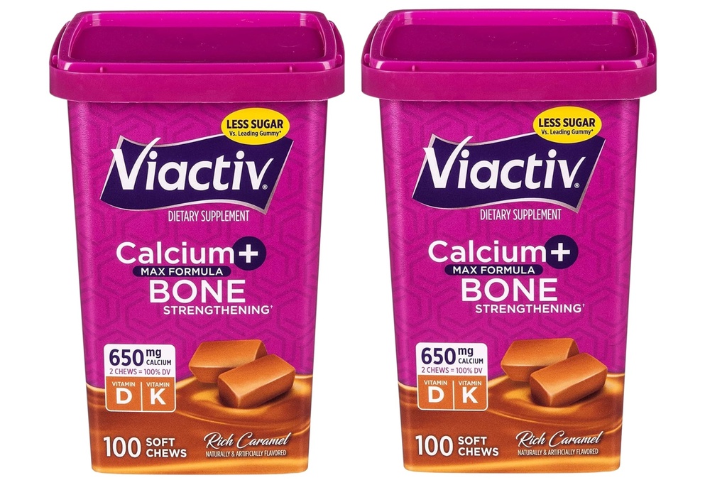 Viactiv Max Formuła Wapń + witamina D3 Suplement dla zdrowia kości, bogaty karmel, 100 miękkich żuć - 2 opakowania