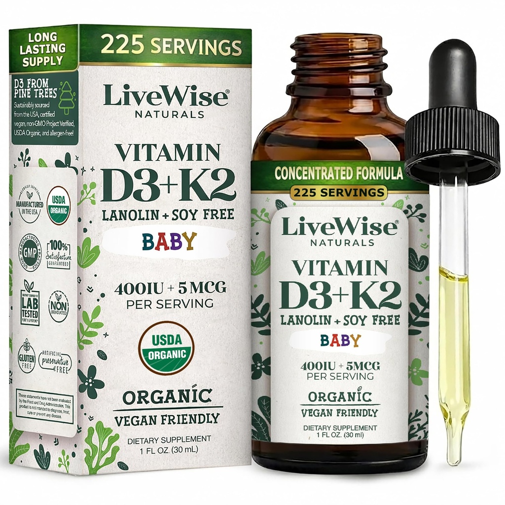 LiveWise Naturals Baby witaminy D3- K2 suplement płynny, krople witaminy dla niemowląt i dzieci, do zdrowego wzrostu, rozwoju i codziennego Wellness, kroplomierzem easy- to- use w szklanej butelce, 1 Fl Oz