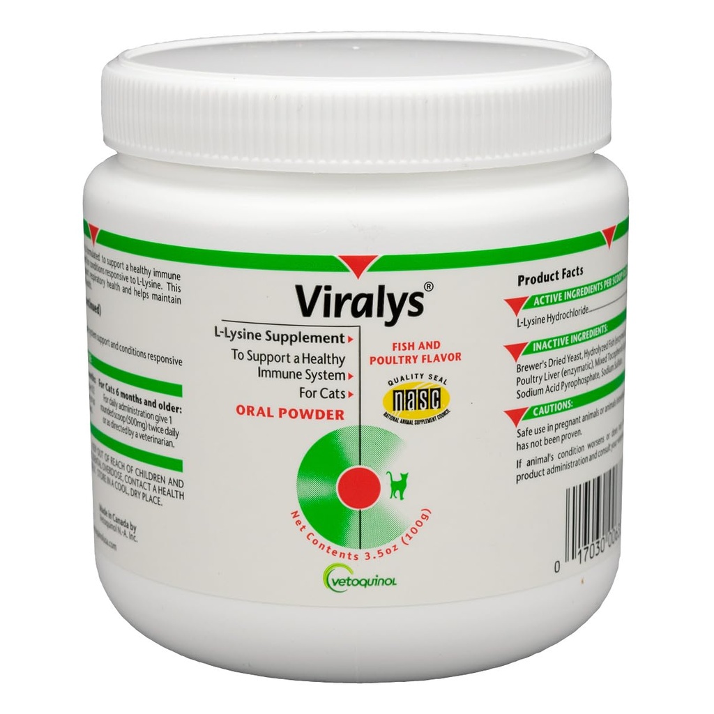Vetoquinol Viralys Daily L- Lysine Proszek dla kotów i kociąt, Suplement Lysine aromat ryb dla kotów i kociąt w celu wspierania zdrowia immunologicznego, Normalne funkcje oka i układu oddechowego, 100gm