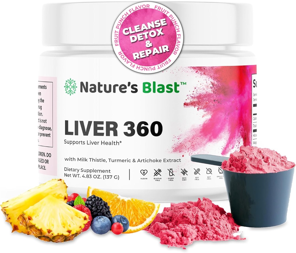 Wątroba 360 - Detox i Naprawa Liver Cleanse w proszku z Ostrze Mlecznym, Turmeric & Artiduck Ekstrakt Owoce Punch Flavor - 30 Słupki