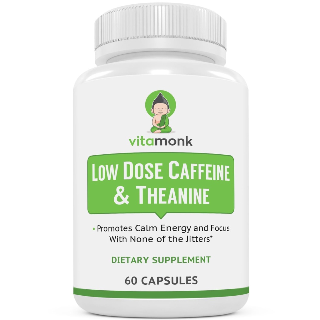 VitaMonk Kofeina o małej dawce i Theanina - Brak drgawek, Brak Crash- Mikrodawki Kofeiny L Tabletki teaninowe z Theaniną kofeiny i Theobromina - 25 mg kofeiny, Pigułki kofeinowe L Theanina - 60 Czapki