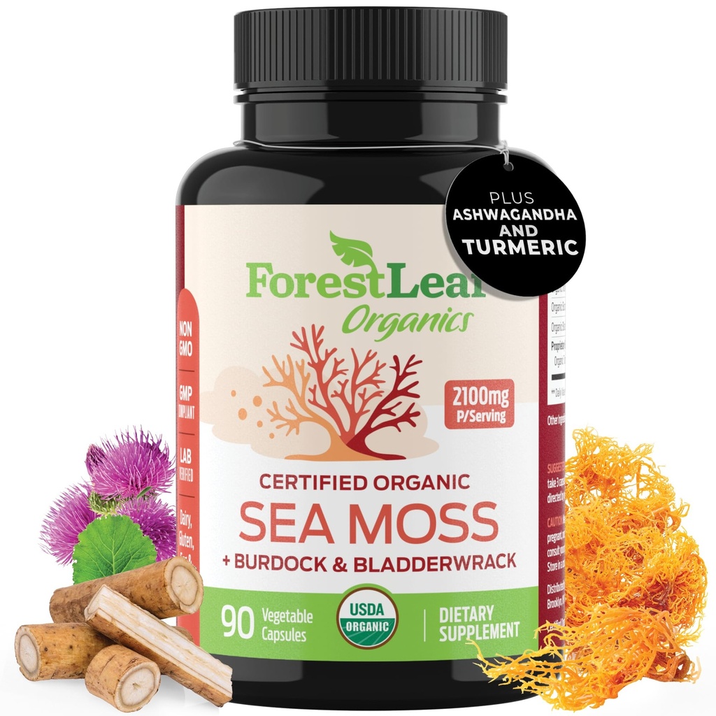 ForestLeaf Organic Irish Sea Moss Capsules | 2100mg Raw Seamoss Pills Advanced Supplement Superfood + Burdock, Bladderwrack for Digestive, Respiratory, Immune Health | 90 Vegan Organic Sea Moss Caps