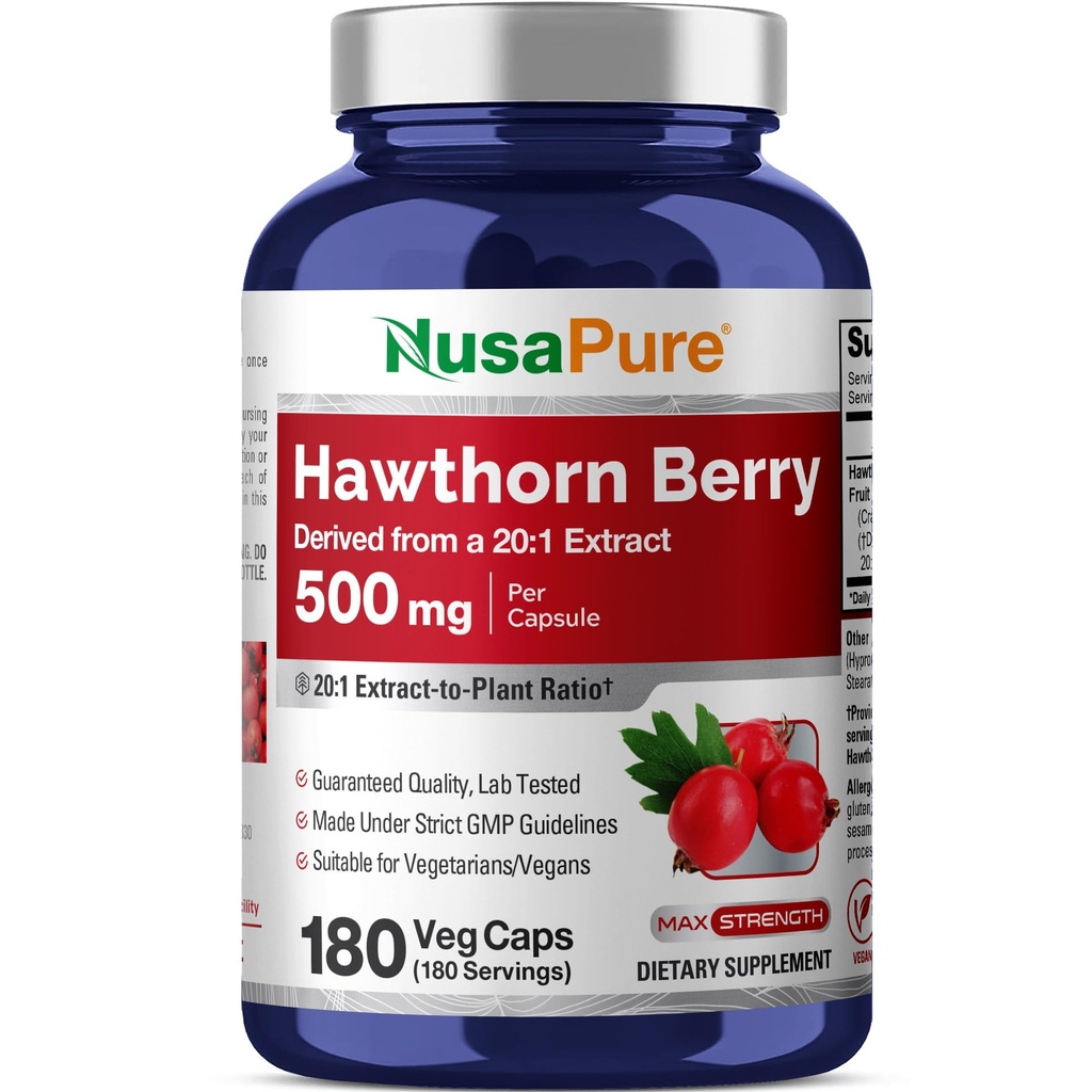 NusaPure Hawthorn Berry 20: 1 Extract, 500 mg ekwiwalent 10 000 mg 180 Veg Caps, Nadaje się dla wegetarian, Wegan, Nie GMO Suplement diety