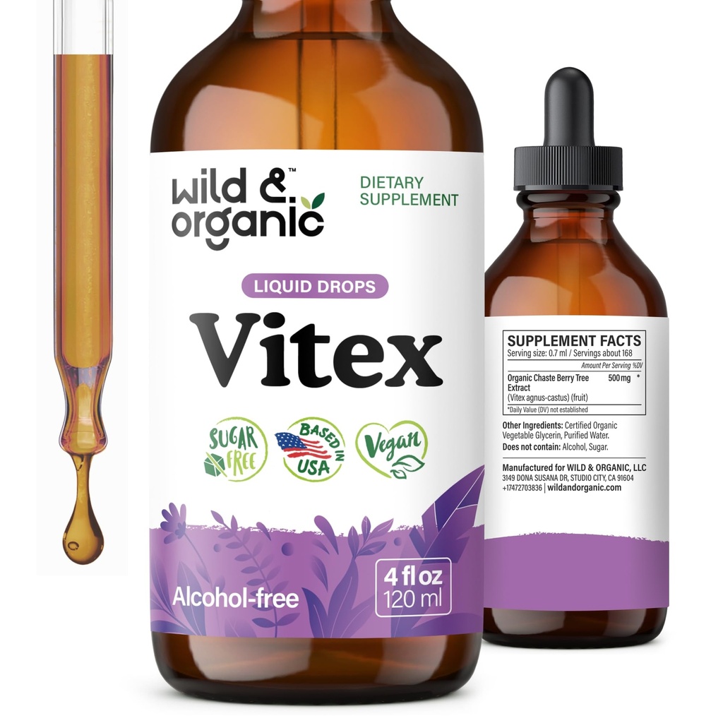 Wild & Organic Vitex Tincture - Vitex Chasteberry Supplement for Women - Liquid Chaste Tree Berry Extract for Good Mood - Vegan, Sugar & Alcohol- Free Herb Drops - 4 fl oz