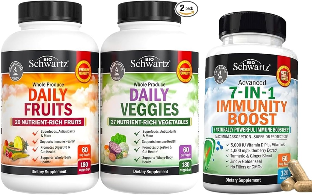 Bioschwartz Daily Fruits and Veggies Supplement for Women and Men (2 Month Supply) Plus 7 in 1 Immune Supplement with Antioksydants (2 Month Supply)