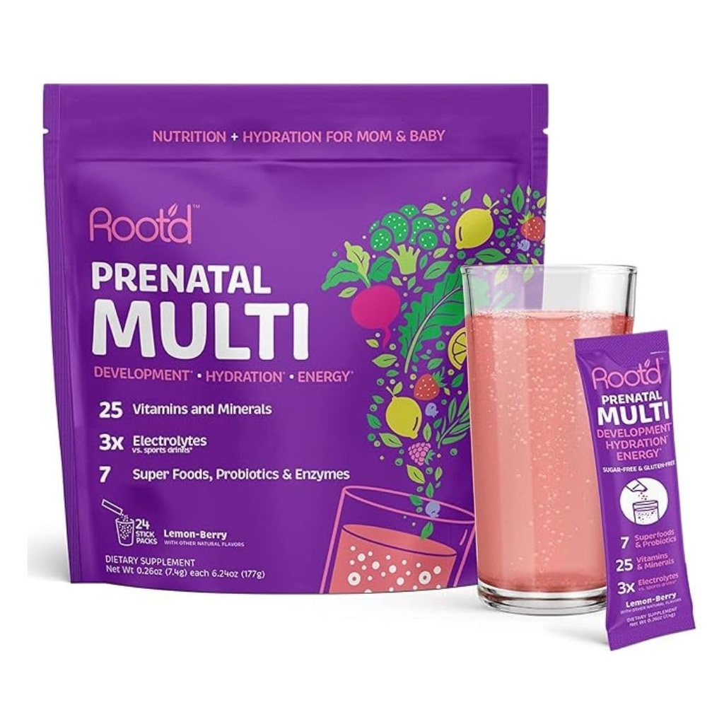 Root 'd Prenatal Multivitamin Proszek z 3X Electrolytes - 25 Witaminy i minerały, Folate, Żelazko, Witamina D3, 7 Superfoods & Probiotyki, Bezcukrowe witaminy i Nawilżenia 124; 24 Witaminy Drink Mix Pakiety