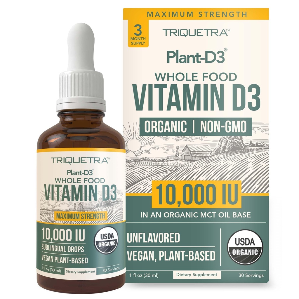 Witamina organiczna D3 10 000 IU - roślina D3, wegan, Max Siła Podjęzykowa Płynna D3 Krople - 200% Wyższa Absorpcja, 100% Forma cholekalcyferolu w oparciu o plantację & Wegan D3, Dostosowanie dawkowania (30 Servings)