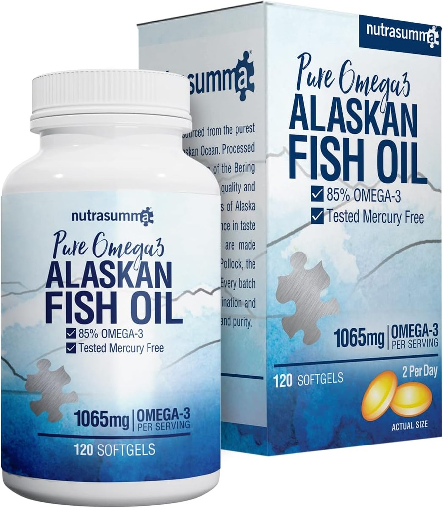 Nutrasumma Wysoka Oczyszczona Omega 3 Suplement Wild Alaskan Olej rybny Burdeless & No Fishy Taste, 650mg EPA & 270mg DHA z 1250mg Softgels oleju rybnego, Gluten Free, Serce, Mózg i Wsparcie immunologiczne, 60 Służenia