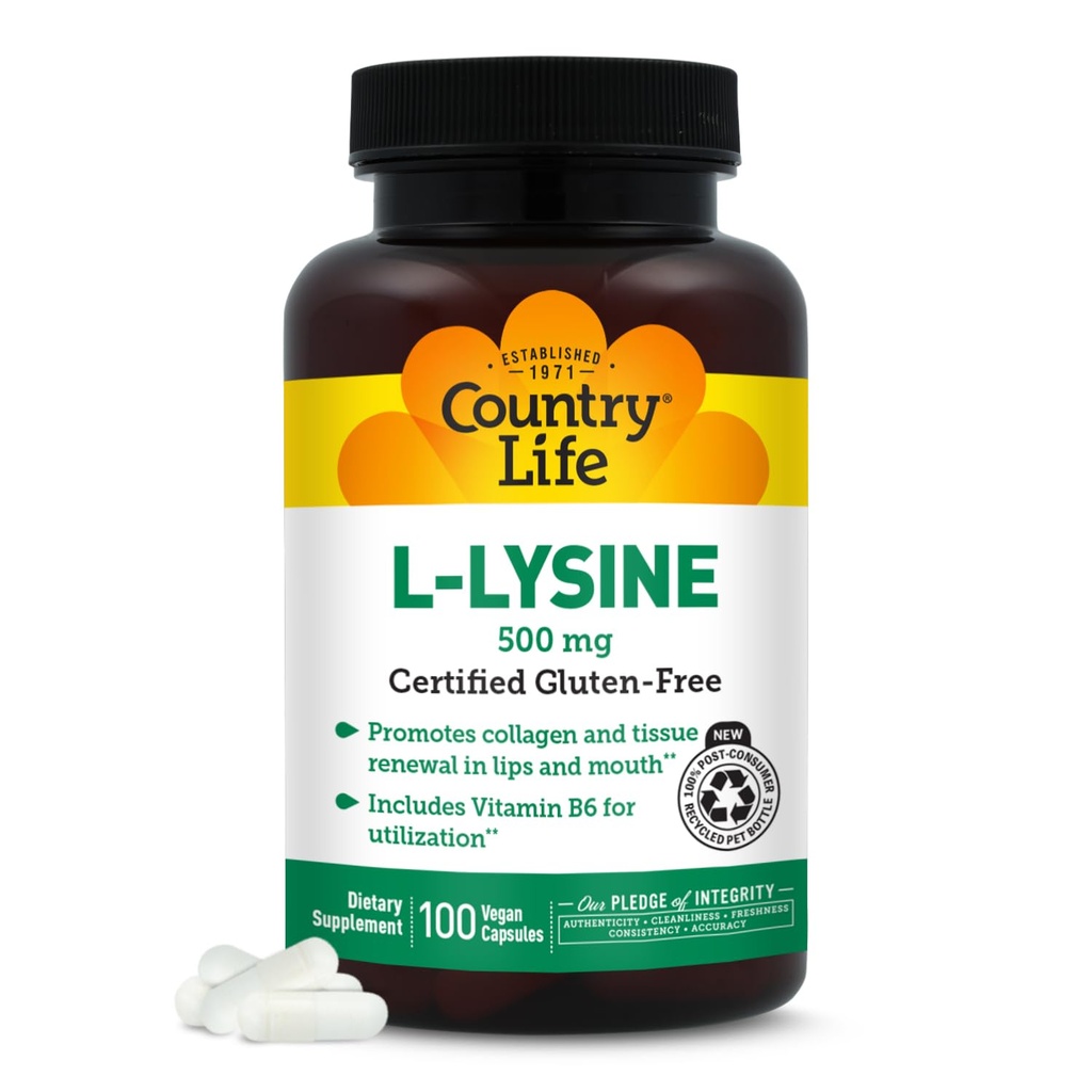 Country Life L-Lysine 500mg with B-6, Supports Immune Health, Promotes Collagen Renewal in Lips and Mouth, 100 Vegan Capsules, Certified Gluten Free, Certified Vegan