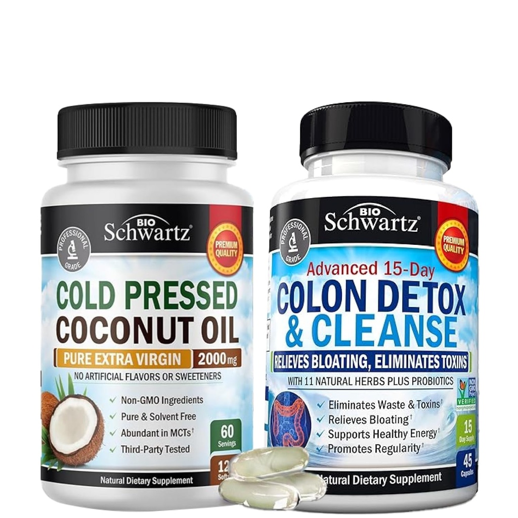 BioSchwartz 15 Day Cleanse for Colon and Gut Health Plus Cold Pressed MCT Oil kapsułki kokosowe (2 miesięczne dostawy)