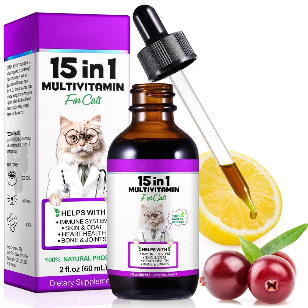 Kot Multivitamin, 15 w 1 Kot witaminy płynne suplementy dla zdrowia serca, kości, stawów, skóry i płaszcz, pęcherza, Wsparcie systemu immunologicznego 60ml