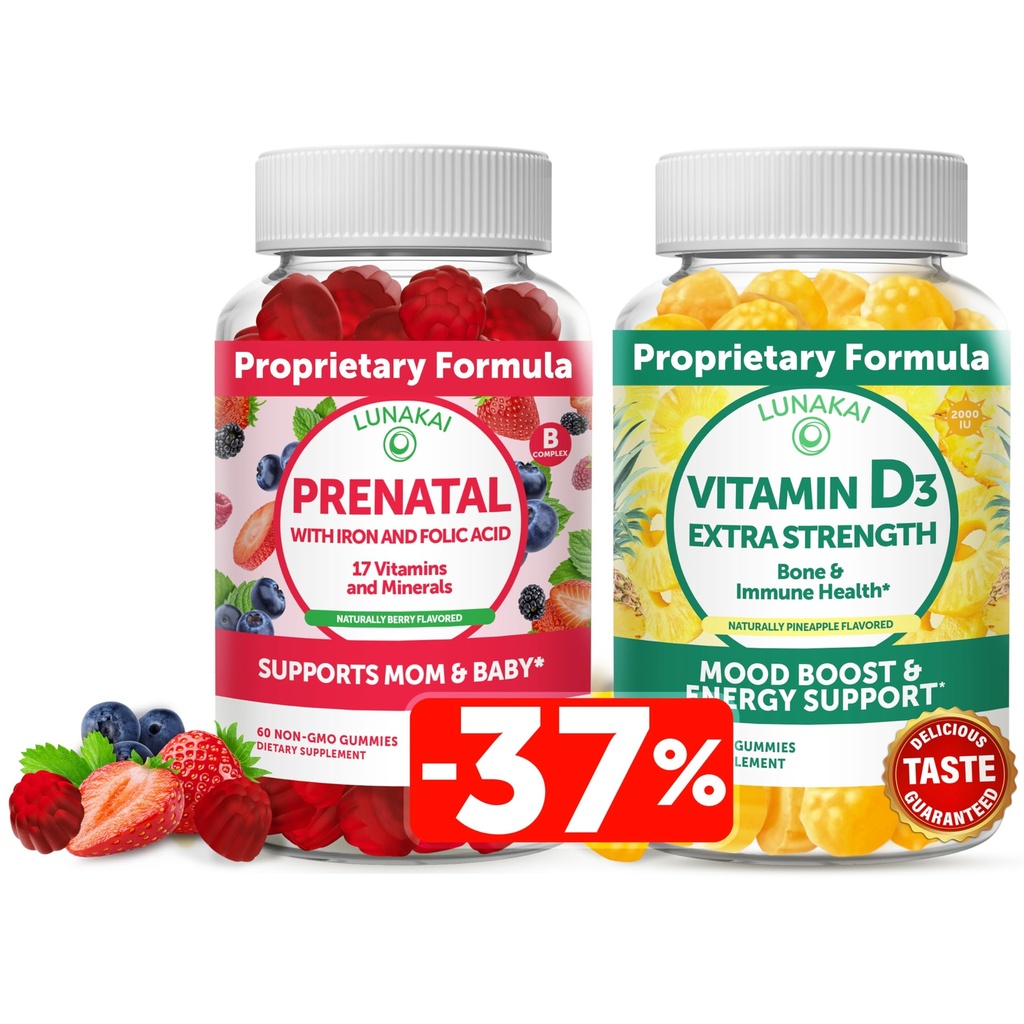 Lunakai Prenatal i witaminy D3 Gummes Bundle - ciąża Multivitamin Gummy z żelaza i kwasu foliowego - Odporność, kości i nastrojów Suplement dla dorosłych
